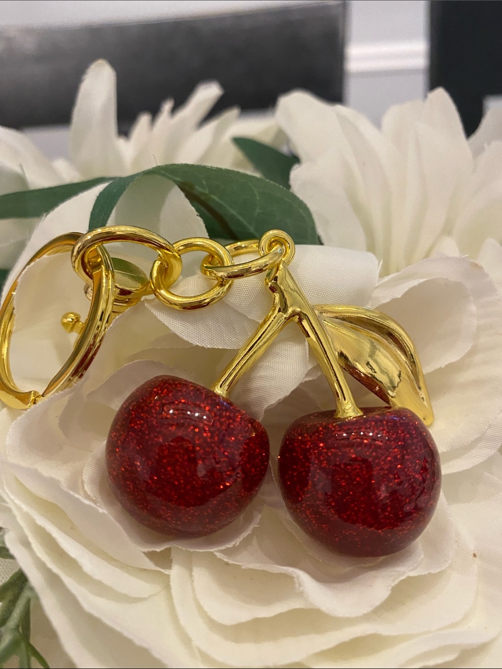 Gold Cherry Keychain with Red Glitter Charms